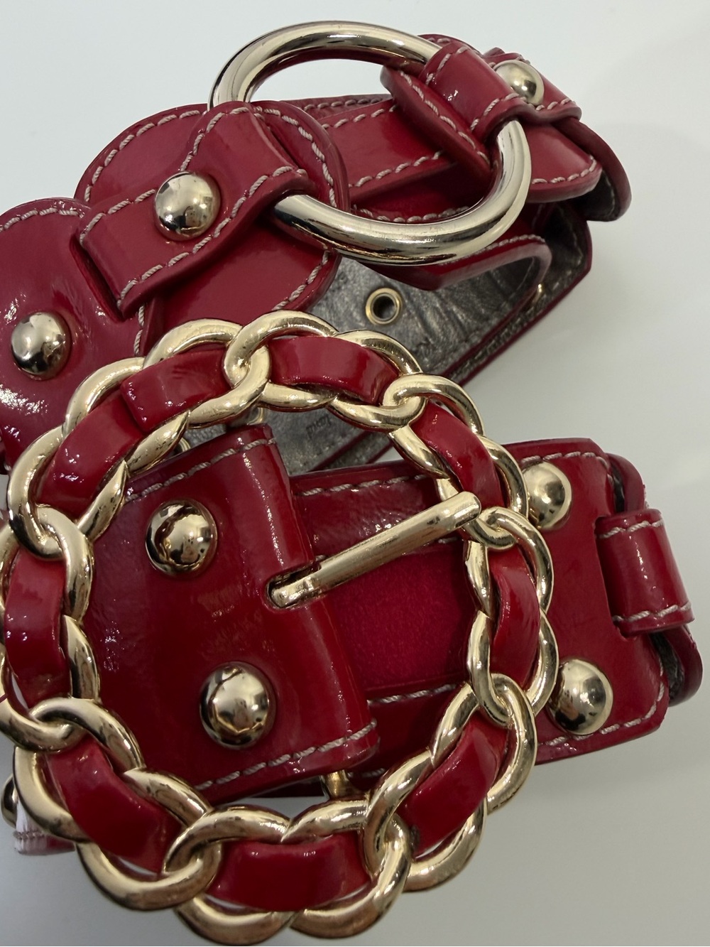 Kathy Van Zeeland Red‎ Patent Chain-Trim Belt with Gold Hardware